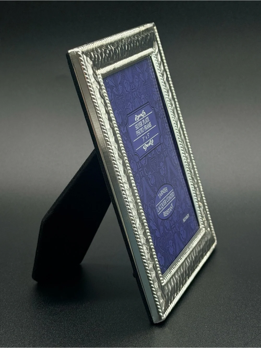 NIB Silver Plated 3x5 Photo Frame Hammered Metal Rope Trim Elegant Tabletop